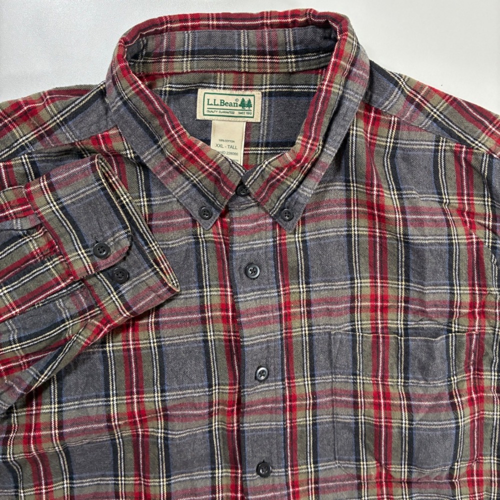 LL Bean Scotch Plaid Flannel Shirt 2XLT Tall Grey Red Plaid Button Down